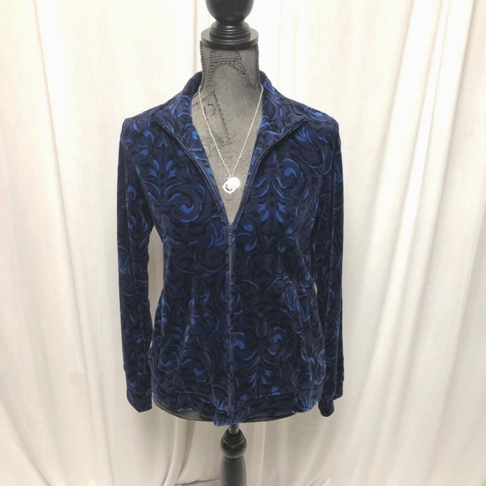 Basic Editions Velour Sweatshirt Womens Size Small Blue Swirls Zippered Jacket